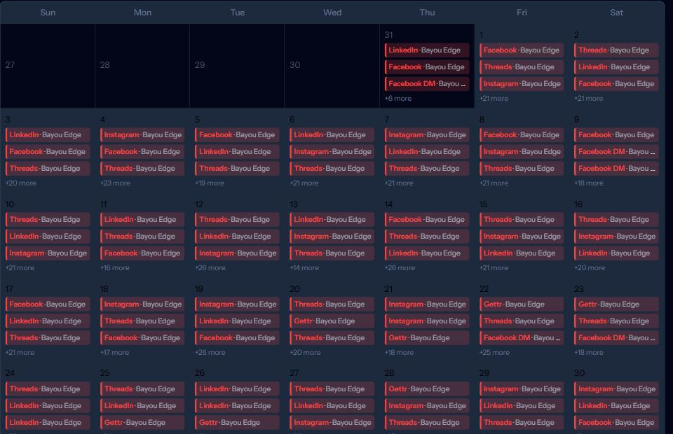 The Post Later publishing calendar: a month of posts scheduled across Facebook, Instagram, LinkedIn, Threads and Gettr