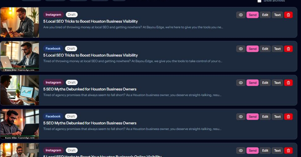 The Post Later content queue: one idea adapted into Instagram and Facebook posts, each with its own generated image and platform badge