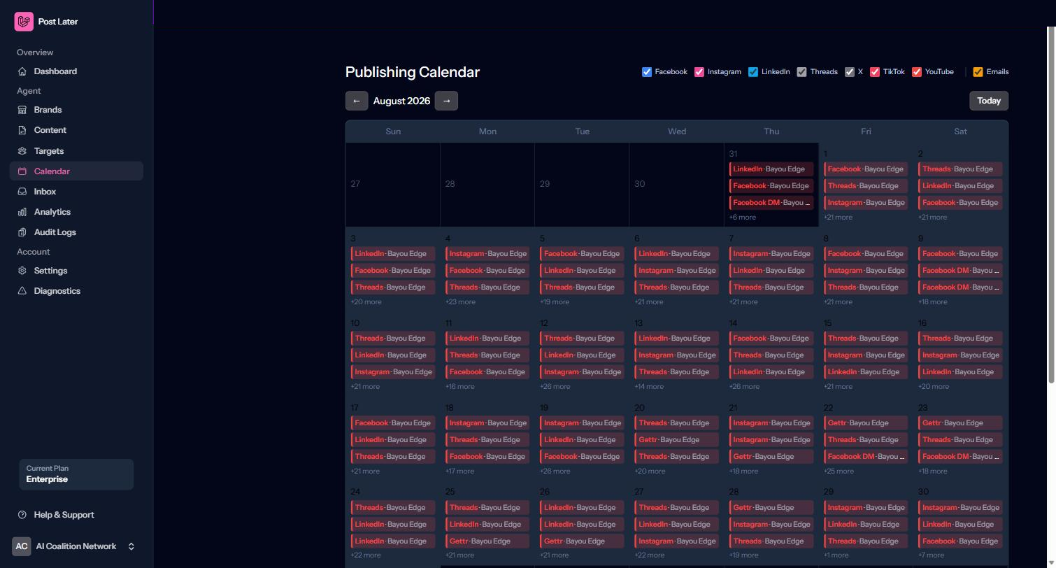 The Post Later publishing calendar showing a full month of posts scheduled across Facebook, Instagram, LinkedIn, Threads and Gettr