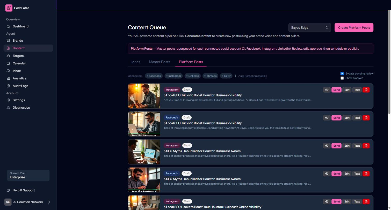 The Post Later content queue showing one idea adapted into Instagram and Facebook posts, each with its own generated image